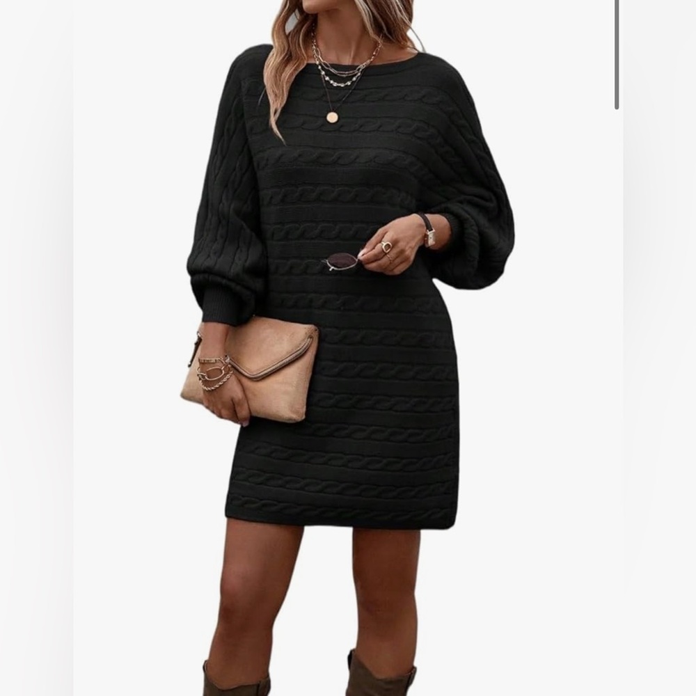 NEW Black Long Batwing Sleeve Cable Knit Sweater Mini Dress L